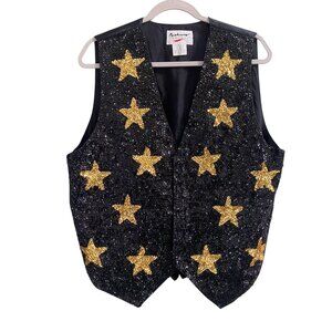 Vintage 90s Fashion Fantasy Sequin Star Vest Black Gold Glam